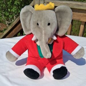 Vintage Babar The Elephant Plush Toy in Red Outfit with Yellow Crown